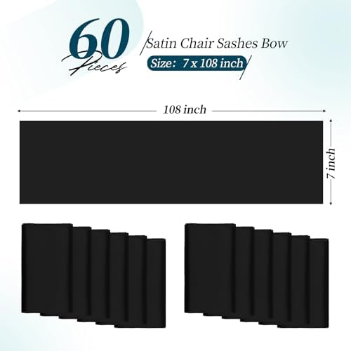 YMHPRIDE 60 PCS Black Satin Chair Sashes, 7x108 Inch Ties Chair Bows - Image 2
