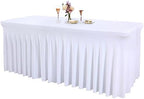 1 Pack White Tableclothes for 8 Foot Rectangle Tables, Wrinkle Resistant Fitted Table Cloth Stretch Spandex Table Covers with Skirt for Event Banquet Wedding Birthday Party by PartyTalk