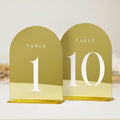 Gold Mirror Table Numbers 1-10 with Stands, 10 Pack 5"x7" Gold Acrylic Arch Sign with Stand Gold Mirror Acrylic Arch Table Numbers for Wedding Reception by JINMURY