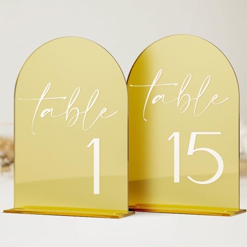 HOODO Gold Mirror Acrylic Wedding Table Numbers 1-15 with Stands, 5"x7" Arched Acrylic Sign and Holder, Gold Mirror Arch Table Numbers for Wedding Reception, Party, Anniversary, Event by Unknown