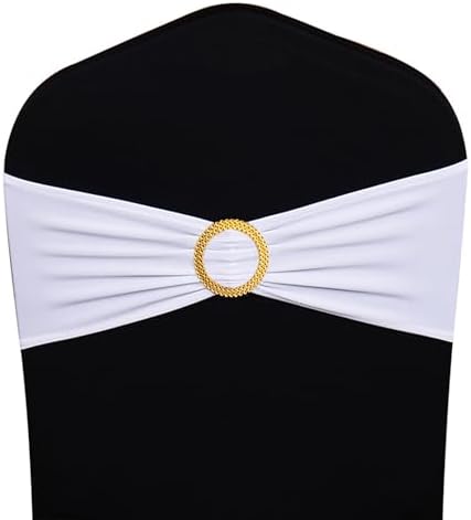 Pack of 50 White Chair Sashes with Gold Buckles Spandex Chair Bands Bows - Image 2