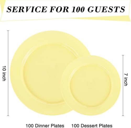 FLOWERCAT 200PCS Yellow Plastic Plates Disposable Plates for Party - Heavy Duty Plastic Plates - 100 10" Dinner Plates and 100 7" Salad Plates for Weddings, Easter Parties and Events - Image 2
