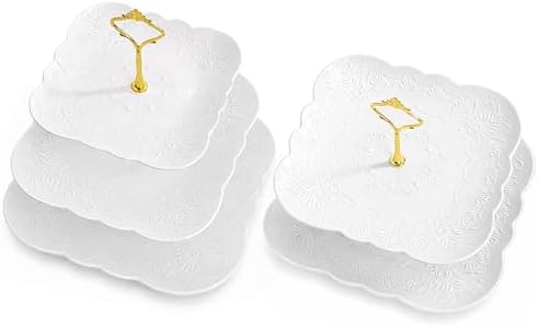 SOUJOY Ceramic Cupcake Stand Set of 2, White Embossed Cupcake Display Holders with Gold Rod, 3 Tier and 2 Tier Square Porcelain Dessert Stands for Birthday Tea Party Wedding Baby Shower - Image 5