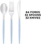 Luxe Party 128 Pieces Two Tone Plastic Disposable Cutlery | Forks-Spoons-Knives | Full Size | Chic Round | Ice Blue and Silver - Image 3