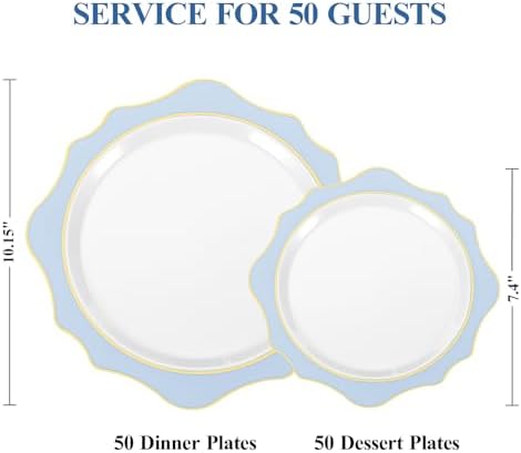 realluck 100Pcs White & Blue Plastic Plates for 50 Guests - Image 2