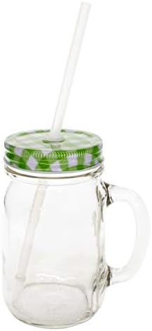 Sunshine Mason Co. Glass Mason Jar Drinking Mug set with handle, Green Gingham lids and Clear Straws, Set of 6 - Image 2