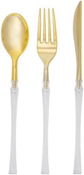 Luxe Party 128 Pieces Two Tone Plastic Disposable Cutlery | Forks-Spoons-Knives | Full Size | Neo Classic | Clear and Gold by LuxeParty