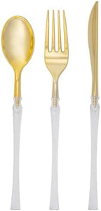 Luxe Party 128 Pieces Two Tone Plastic Disposable Cutlery | Forks-Spoons-Knives | Full Size | Neo Classic | Clear and Gold by LuxeParty