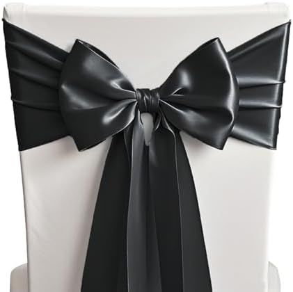 50 Pack Black Chair Sashes Bows Satin Wedding Chair Ribbons 7x108 Inches by SINSSOWL