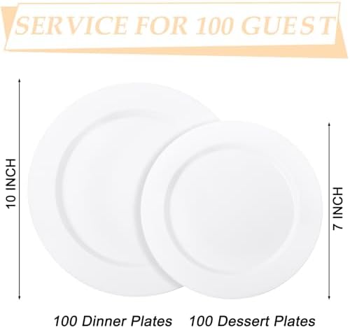 FLOWERCAT 200PCS White Plastic Plates Disposable Plates for Party - White Bulk Plastic Plates - 100 10" Dinner Plates and 100 7" Salad Plates for Wedding & Summer Parties and Events - Image 2