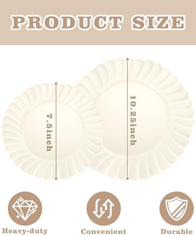 YOUBET 100PCS Ivory Scalloped Plastic Plates for Wedding Party - Image 2