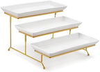 MALACASA 3 Tier Serving Trays for Party, 14 Inch Porcelain White Trays for Serving Food, Dessert Stand with Collapsible Gold Metal Rack by MALACASA