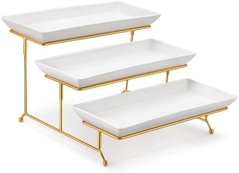 MALACASA 3 Tier Serving Trays for Party, 14 Inch Porcelain White Trays for Serving Food, Dessert Stand with Collapsible Gold Metal Rack by MALACASA