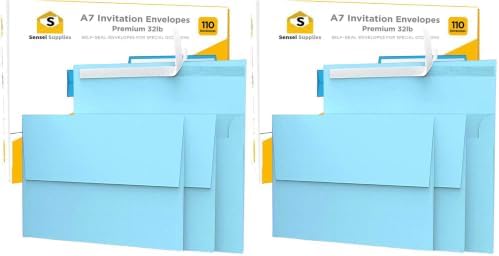110 5x7 Light Blue Invitation Envelopes - for 5x7 Cards - A7 - (5 ¼ x 7 ¼ inches) - Perfect for Weddings, Graduation, Baby Shower - 120 GSM - Peel, Press & Self Seal - Square Flap (Pack of 2) by SenseiSupplies