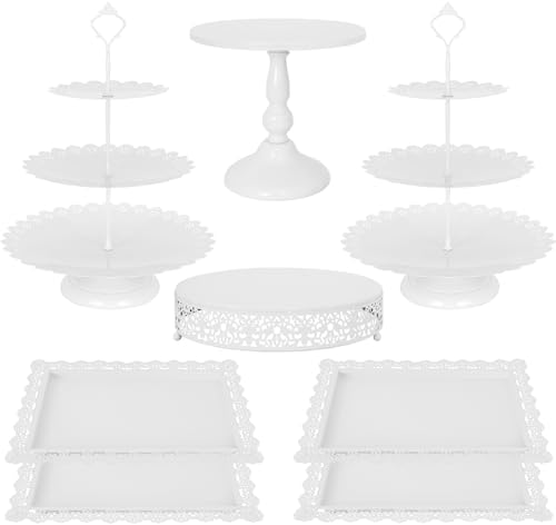 Fivenl 8 Pcs Cake Stand White Metal Dessert Table Display Set, 3-Tier Cupcake Stand, Cake Display Tower and Cookie Tray Rack Serving Tray for Birthday Party, Weddings, Baby Shower (White) by Fivenl