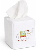 Jacaranda Living Square Tissue Box Cover, Linen/Cotton Tissue Holder, Decorative Cloth Tissue Cover, Fits Standard Square Tissue Boxes, Embroidered Animal Designs, Charming Elephant (Aqua) by JacarandaLiving