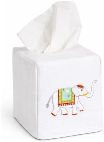 Jacaranda Living Square Tissue Box Cover, Linen/Cotton Tissue Holder, Decorative Cloth Tissue Cover, Fits Standard Square Tissue Boxes, Embroidered Animal Designs, Charming Elephant (Aqua) by JacarandaLiving