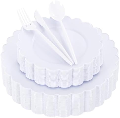 150 Pcs White Heavy Duty Plastic Plates for Party Scalloped Plates by WWONDERFUL