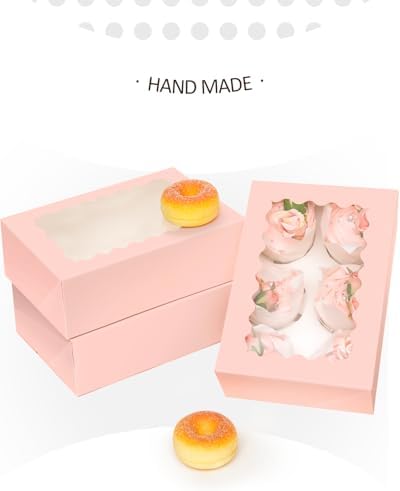 qiqee Pink Auto-pop up 6 Cupcake Boxes with Window 30 Packs Cupcake Box 9.4"x6.1"x3.3" Bakery Boxes For Cupcakes Carrier, Cupcake Containers - Image 3