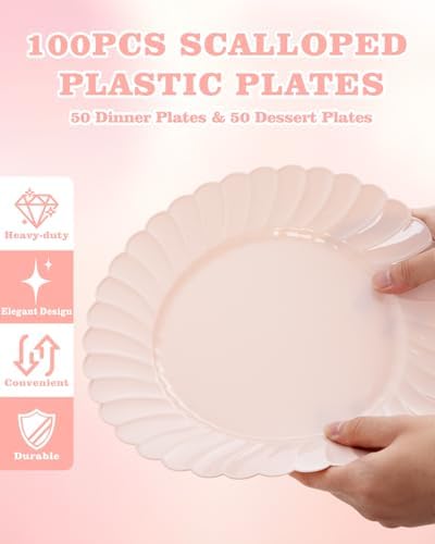YOUBET 100PCS Pink Scalloped Plastic Plates for Wedding Party - Image 3