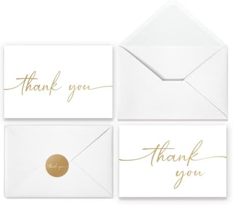 Thank You Cards with Envelopes & Stickers, Matte Gold Foil Cards Bulk Pack of 100, 4x6 Inch Minimalistic Design, Suitable for Business, Wedding, Small Business, Graduation, Bridal Shower, Funeral by PaperPlayDesign