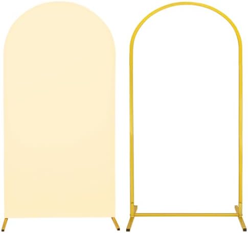 Metal Arch Stand and Cover Set,1 Beige Spandex Fitted Backdrop with 1 Gold Wedding Arched Stand Frame for Parties Birthday Baby Shower Bridal Banquet Decoration (6.6FT) by HAISIWLKJ