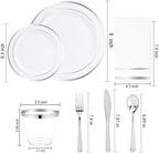 NOCCUR 700PCS Silver Plastic Plates Disposable for 100 Guests - Include 100 Dinner/Dessert White Plastic Plates with Silver Trim,300 Cutlery,100 Cups,100 Napkins for Party&Wedding - Image 2
