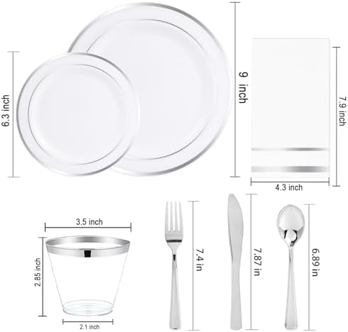 NOCCUR 700PCS Silver Plastic Plates Disposable for 100 Guests - Include 100 Dinner/Dessert White Plastic Plates with Silver Trim,300 Cutlery,100 Cups,100 Napkins for Party&Wedding - Image 2