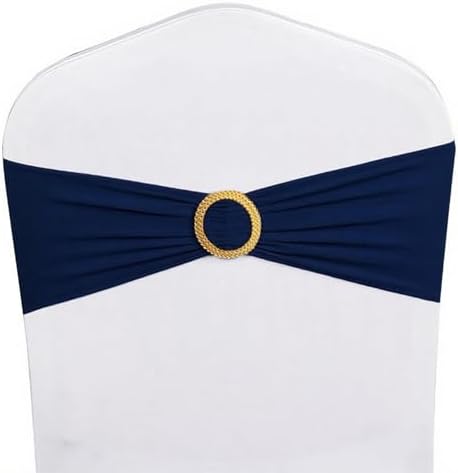 Pack of 50 Spandex Navy Blue Chair Sashes with Gold Buckles, Stretch Chairs Sashes for Wedding Party Baby Shower Ceremony Event Decorations Chair Bands Bows (Navy Blue Sashes, Gold Buckles) - Image 2