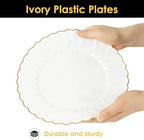 Lullaby 96PCS Ivory Scalloped Plastic Plate with Gold Rim for Party Wedding - Image 3