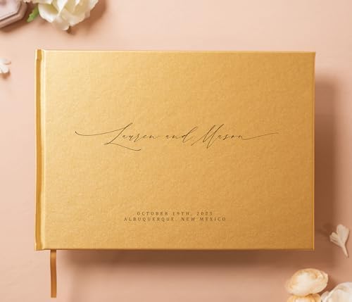 MUUJEE Personalized Guestbook in Gold - Premium Custom Modern Guest Book for Wedding Reception, Birthday Party or Events w/Bookmark Blank Pages for Signing 11.5 x 8.5 inches - Image 2