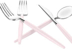 Luxe Party 128 Pieces Two Tone Plastic Disposable Cutlery | Forks-Spoons-Knives | Full Size | Chic Round | Blush and Silver - Image 4