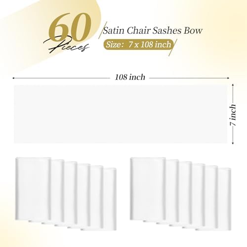 YMHPRIDE 60 PCS White Satin Chair Sashes, 7x108 Inch Ties Chair Bows - Image 2