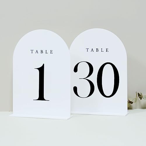 White Arch Table Numbers for Wedding, 30 Pack 5"x7" White Arch Acrylic Table Numbers 1-30 with stand, Perfect for Wedding Reception by JINMURY