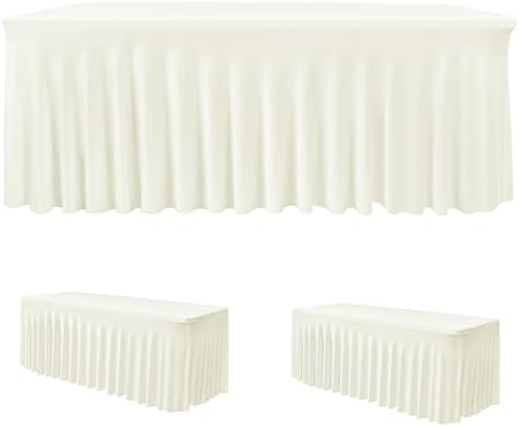 2 Pack Beige Spandex Table Covers 4ft Rectangle Ruffle Skirts for Party by HolidayIdeas