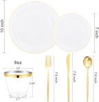 bUCLA 150PCS White and Gold Plastic Plates Disposable - 25 Guests Gold Dinnerware Set - Include 25 Each (Dinner & Dessert) Plates, 25 Knives, 25 Forks, 25 Spoons & 25 Cups for Party - Image 2