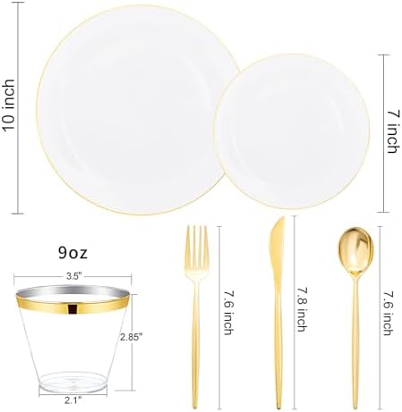 bUCLA 150PCS White and Gold Plastic Plates Disposable - 25 Guests Gold Dinnerware Set - Include 25 Each (Dinner & Dessert) Plates, 25 Knives, 25 Forks, 25 Spoons & 25 Cups for Party - Image 2