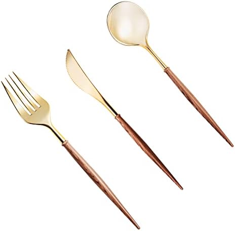 Lullaby 240PCS High End Gold Plastic Silverware with Wood Grain Handle by LULLABY