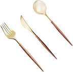 Lullaby 120PCS High End Gold Plastic Silverware with Wood Grain Handle by LULLABY