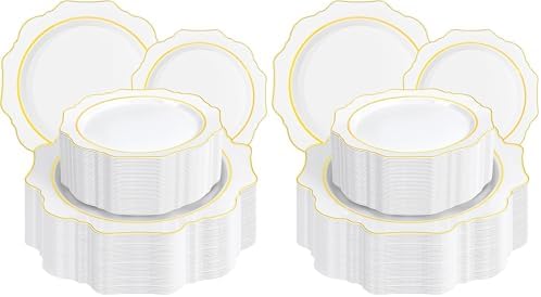 WDF 100PCS White and Gold Plastic Plates - Gold Disposable Plates - Include 50 Dinner & 50 Dessert Plate for Party - Heavy Duty Fancy Plastic Plate for Wedding/Thanksgiving/Bridal shower (Pack of 2) by WDF