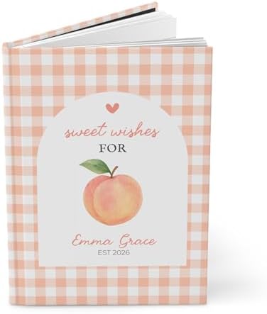 Personalized Peach Baby Shower Guest Book, Custom Sweet Little Peach on the Way Memory Keepsake, Advice and Wishes for Baby Journal, New Parents Gift, Hardcover Lined Writing Notebook for Registry - Image 6