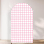Checkered Gingham Arch Backdrop Cover Pastel Pink and White Classic Plaid Pattern Girl Bridal Baby Shower Birthday Party Stretchy Arched Photo Booth Decorations 6ft by Unknown