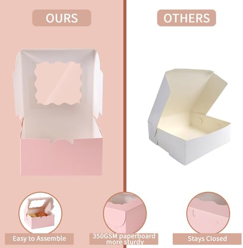 100 pcs 6x6x3 Inches Small Cake Box with Window, Bakery Pastry Cookie Boxes, Mini Pie container for Pastry,Dessert,Strawberries,Chocolates, Cupcakes with paper stickers (pink) - Image 4