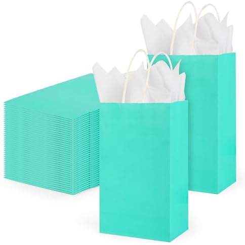 DjinnGlory 100 Pack Small Size Teal Blue Paper Gift Bags with Handles Bulk 9x5.5x3.15 Inch for Holiday Birthday Wedding Baby Shower Party Favors, Business Merchandise Shopping Bags by GiftWrappingSupplies