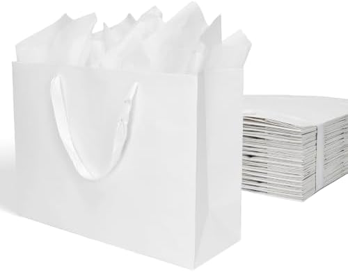Papertide 36 Pack White Mini Gift Bags 16×6×12 inch with Tissue Paper by Unknown