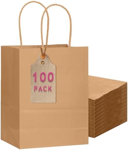 qiqee 100-Pcs Medium Size Paper Gift Bags with Handles Bulk 7.6"x4.75"x10.5" Brown Gift Bags Multiple Uses by Qiqee