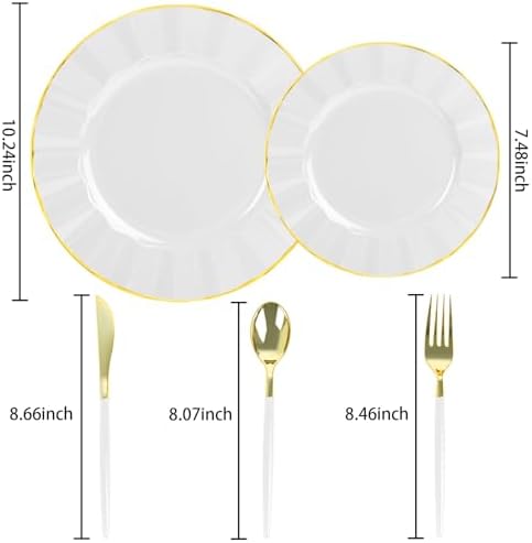 150Pcs Plastic Plates with Gold Rim,Heavy Duty White Plates for 30 Guests,Plastic Dinnerware Set Include 30 Dinner Plate,30 Dessert Plate,90 Gold Cutlery Set for Party (White) - Image 2