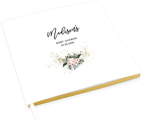 Andaz Press Personalized Baby Shower Guestbook with Gold Accents, Tropical Hibiscus Florals Custom, White Guest Sign in Registry 120 Pages 8.5 X 8.5 Memories Book for DIY, Scrapbook, Photo Album by AndazPress