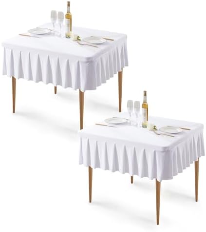 Wish Care 2 Pack White Spandex Tablecloths for 34x34 Inch Square Tables, Stretch Fitted Table Clothes with Pleated Ruffle Skirt for 34” Table, Wrinkle Free and Elastic, for Party Kitchen Home Dining by WishCare