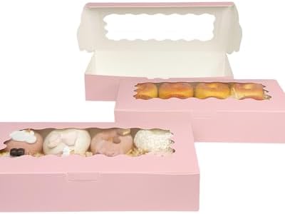 qiqee 50 Packs Pink Cookie Box with Window 12x5.5x2.5 Inch Two Uses Pastry Biscuit Bakery Box For Packaging - Image 4